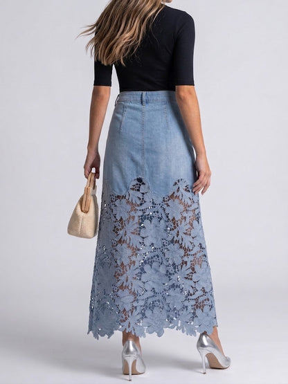 Stylish And Casual Patchwork Lace Denim Skirt