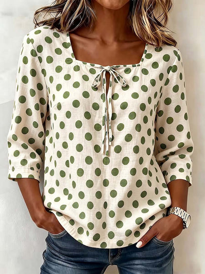 Women's Polka Dot Print Square Neck 3/4 Sleeve Casual Loose Cotton Linen Top