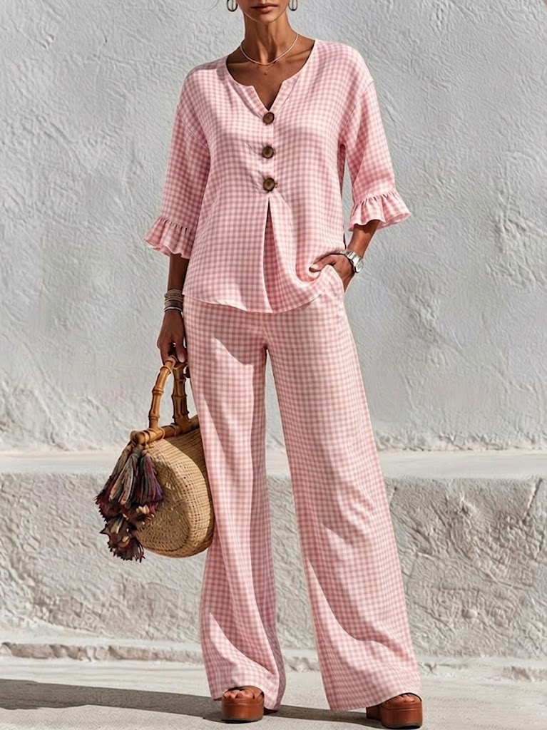 Two-piece Set Featuring A Plaid V-neck Top With Wooden Buttons And Ruffled Three-quarter Sleeves, Paired With Wide-leg Trousers