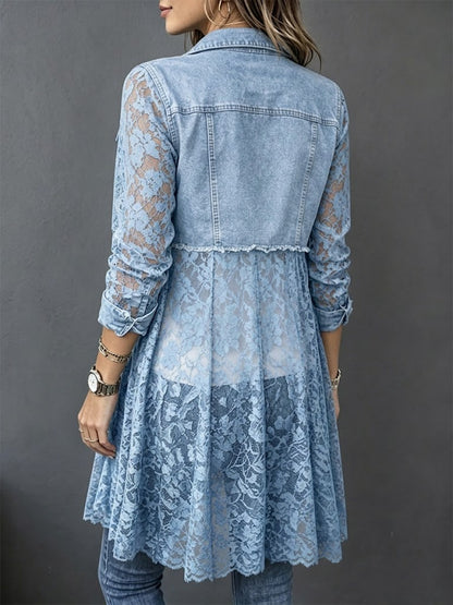 Washed Denim Lapel Dual Chest Pocket Long Sleeve Splice Hollow Lace Mid-length Cardigan Coat