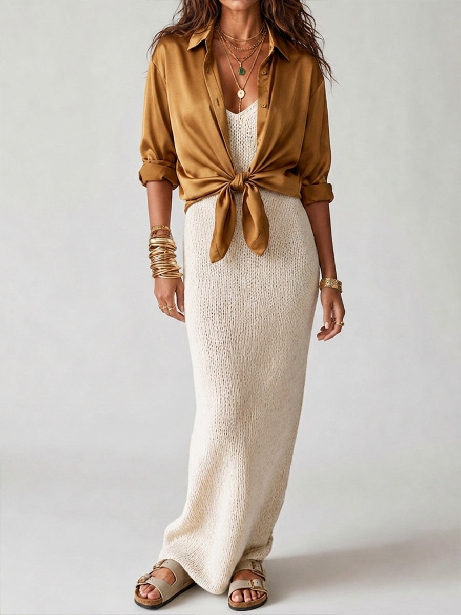 Luxe Satin Shirt & Knit Slip Maxi Dress Two-Piece Set