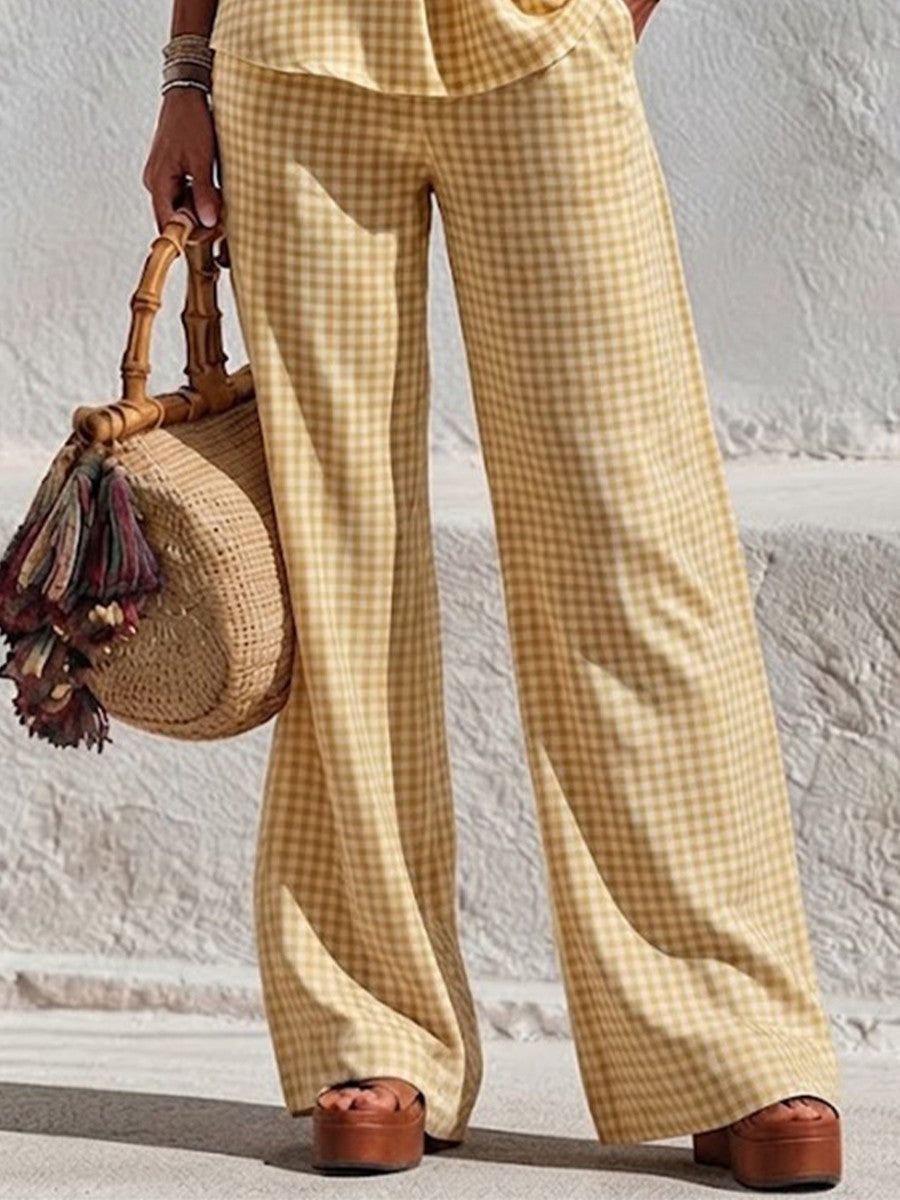 Two-piece Set Featuring A Plaid V-neck Top With Wooden Buttons And Ruffled Three-quarter Sleeves, Paired With Wide-leg Trousers