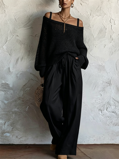 Two-piece Set: Open-knit Top And Cotton-linen Trousers