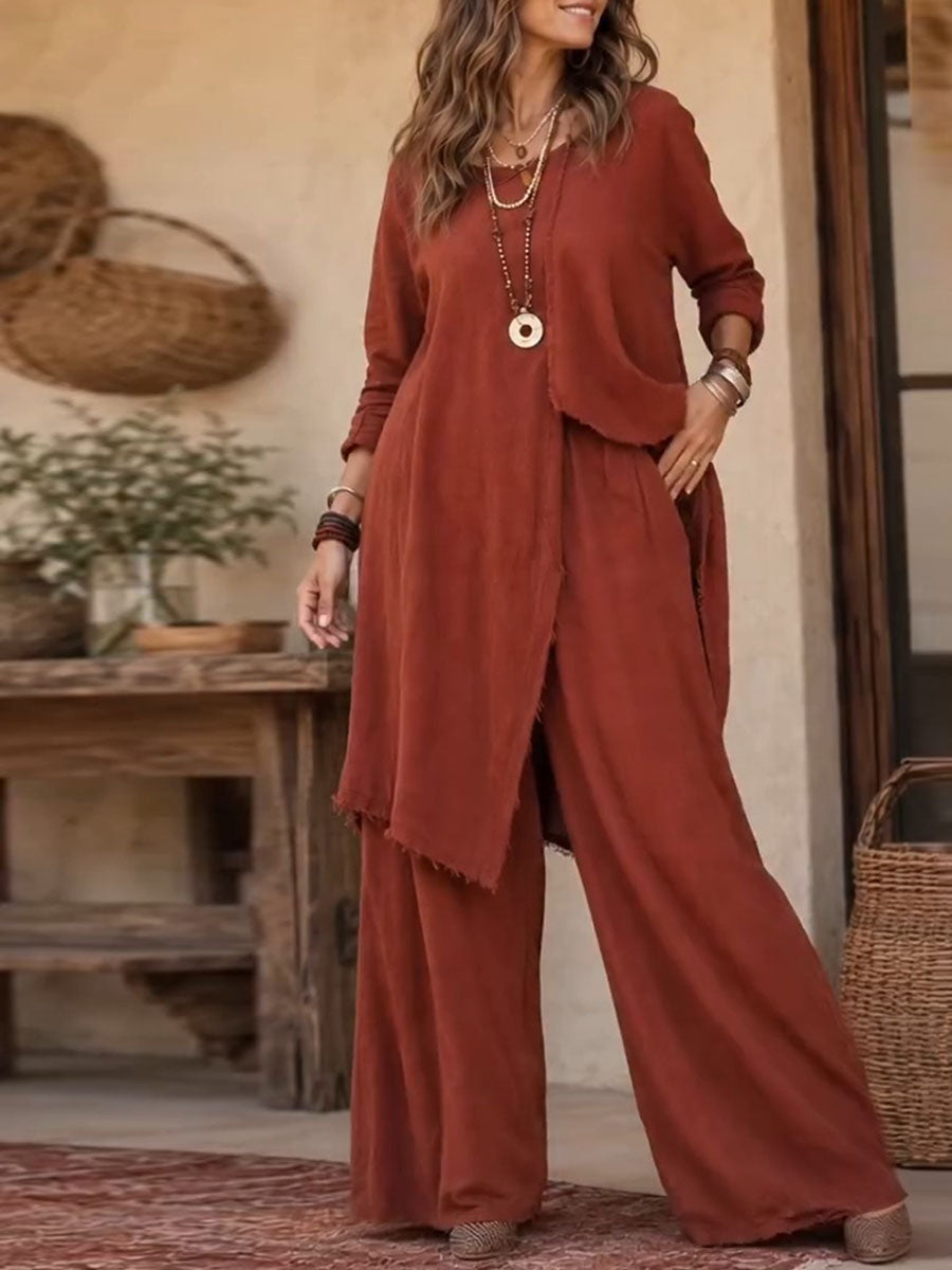 Women's Solid Color Round Neck Long Sleeve Casual Loose Cotton Linen Top And High Waist Wide Leg Pants Cotton Linen Set