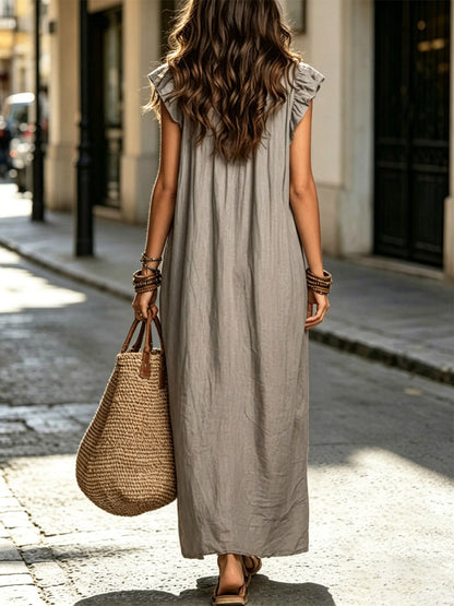 Women's Solid Color Ruffled Art Casual Fashion Cozy Cotton Linen Dress
