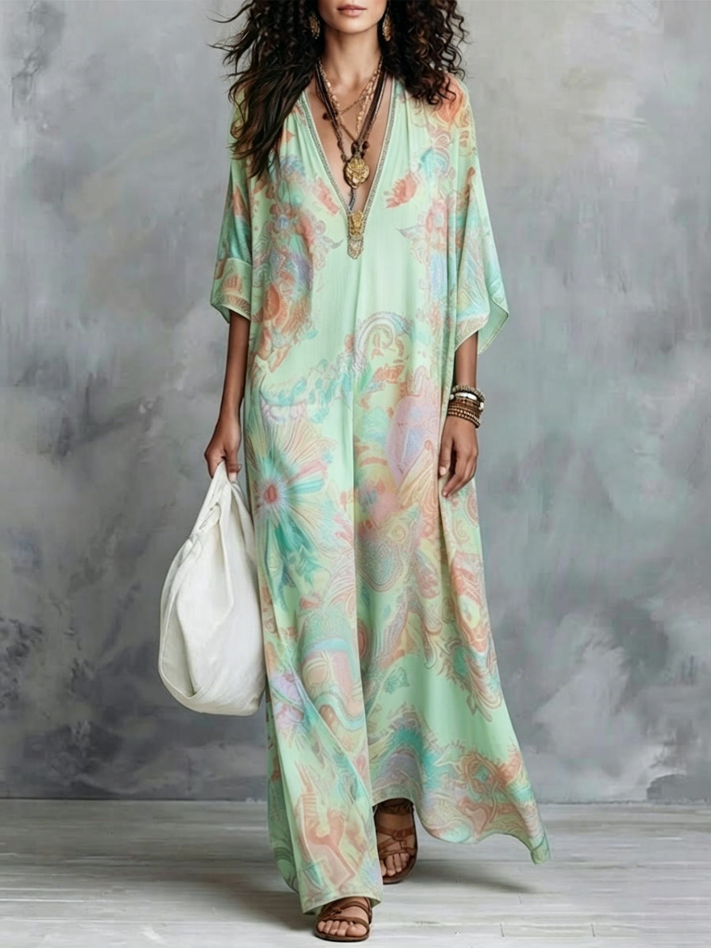 Boho Vintage Print V-neck Oversized Batwing Sleeve Vacation Kaftan Maxi Dress