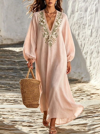 Floral-embroidered Deep-v Lantern-sleeve Linen-blend Loose Resort Dress