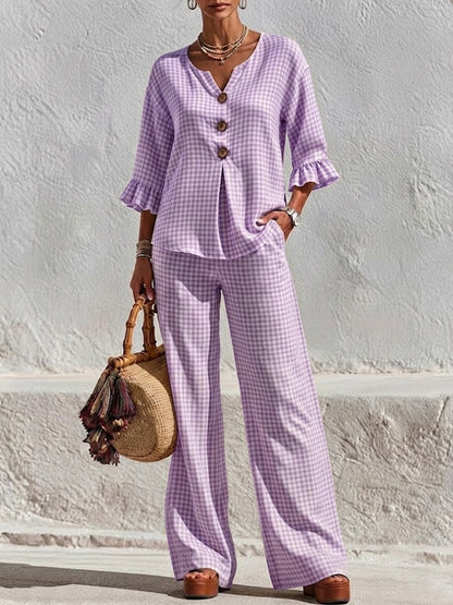 Two-piece Set Featuring A Plaid V-neck Top With Wooden Buttons And Ruffled Three-quarter Sleeves, Paired With Wide-leg Trousers