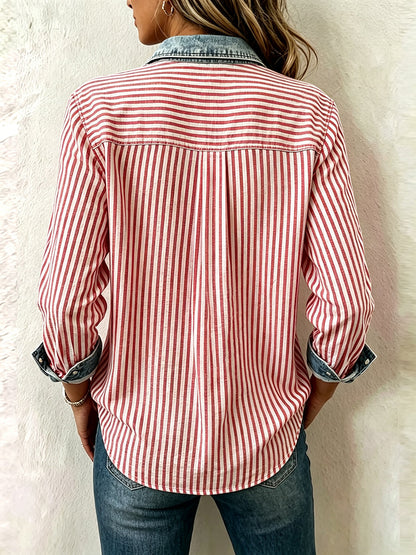 Red White Stripe Spliced Denim Collar Shirt