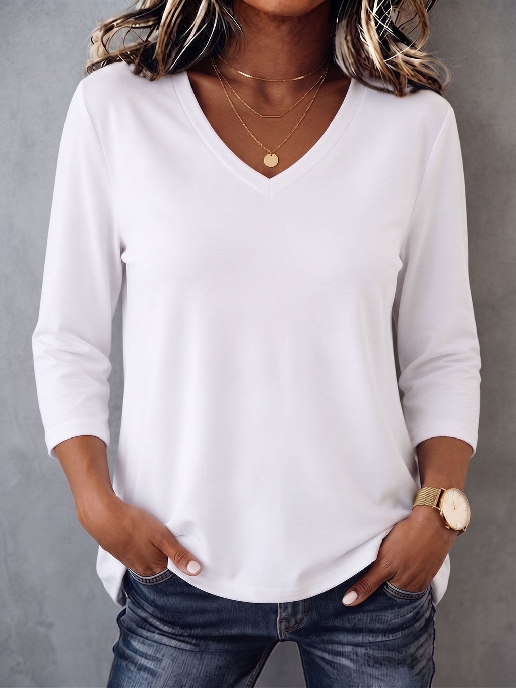 Minimalist Cozy V-neck Three-quarter Sleeve Cotton T-shirt