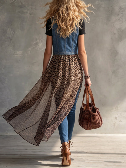 Western Sheer Gradient Leopard Maxi Drape Denim Duster Vest