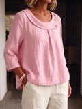 Asymmetrical Button Collar Linen Three-Quarter Sleeve Blouse