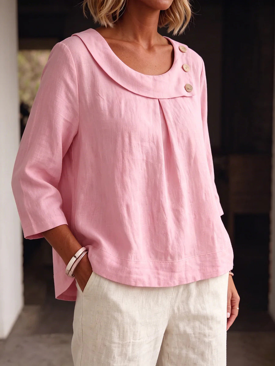 Asymmetrical Button Collar Linen Three-Quarter Sleeve Blouse