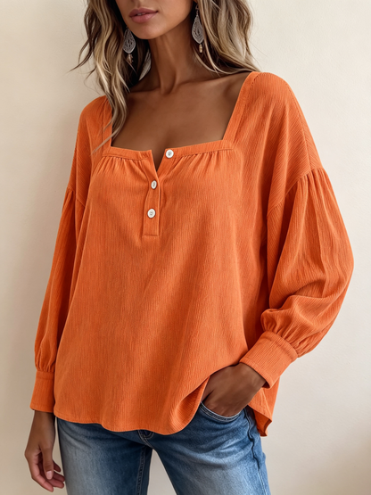 Cozy Chic Textured Orange Corduroy Square-neck Blouse