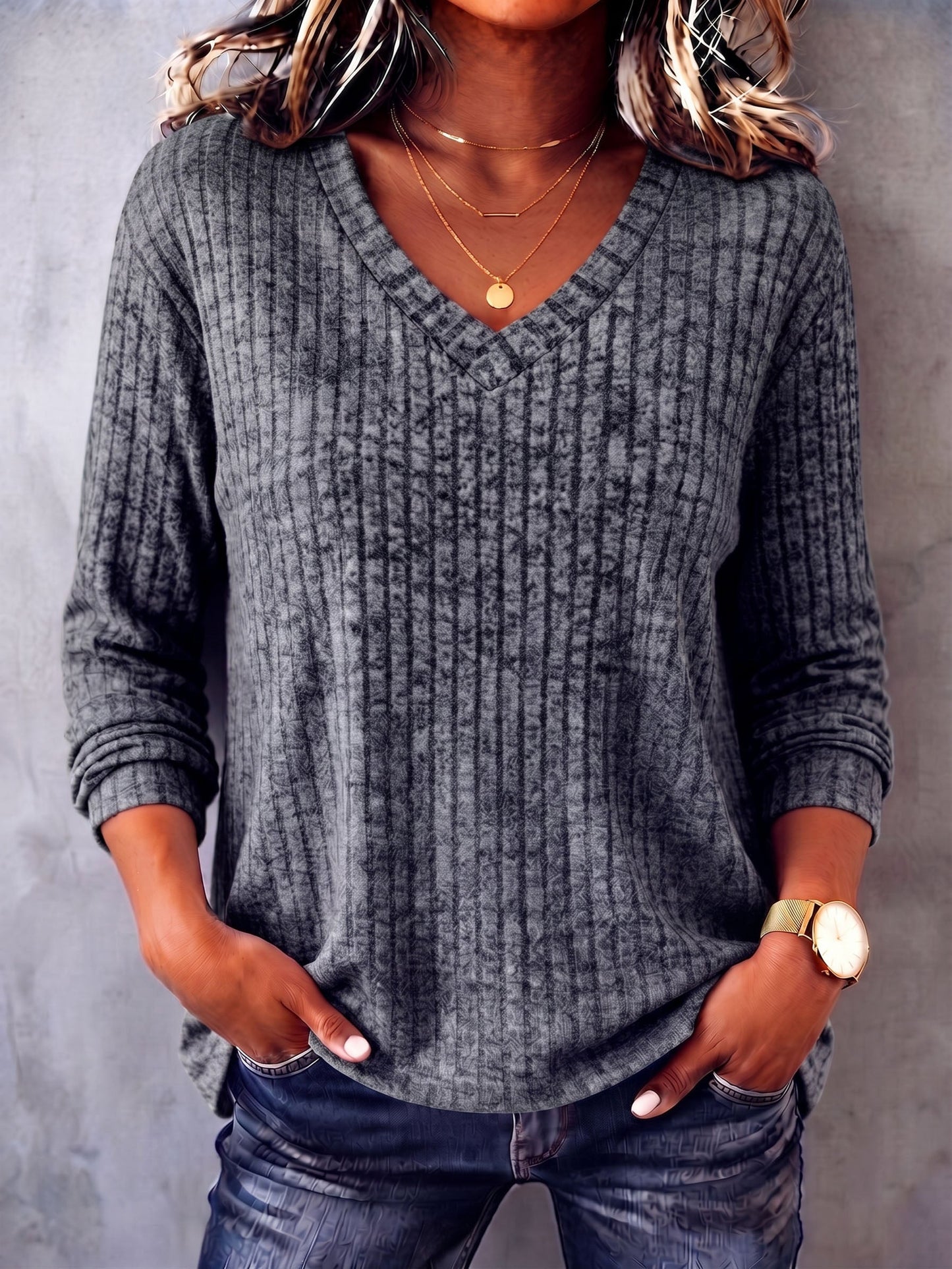 Casual Cozy V-neck Ribbed Knit Top