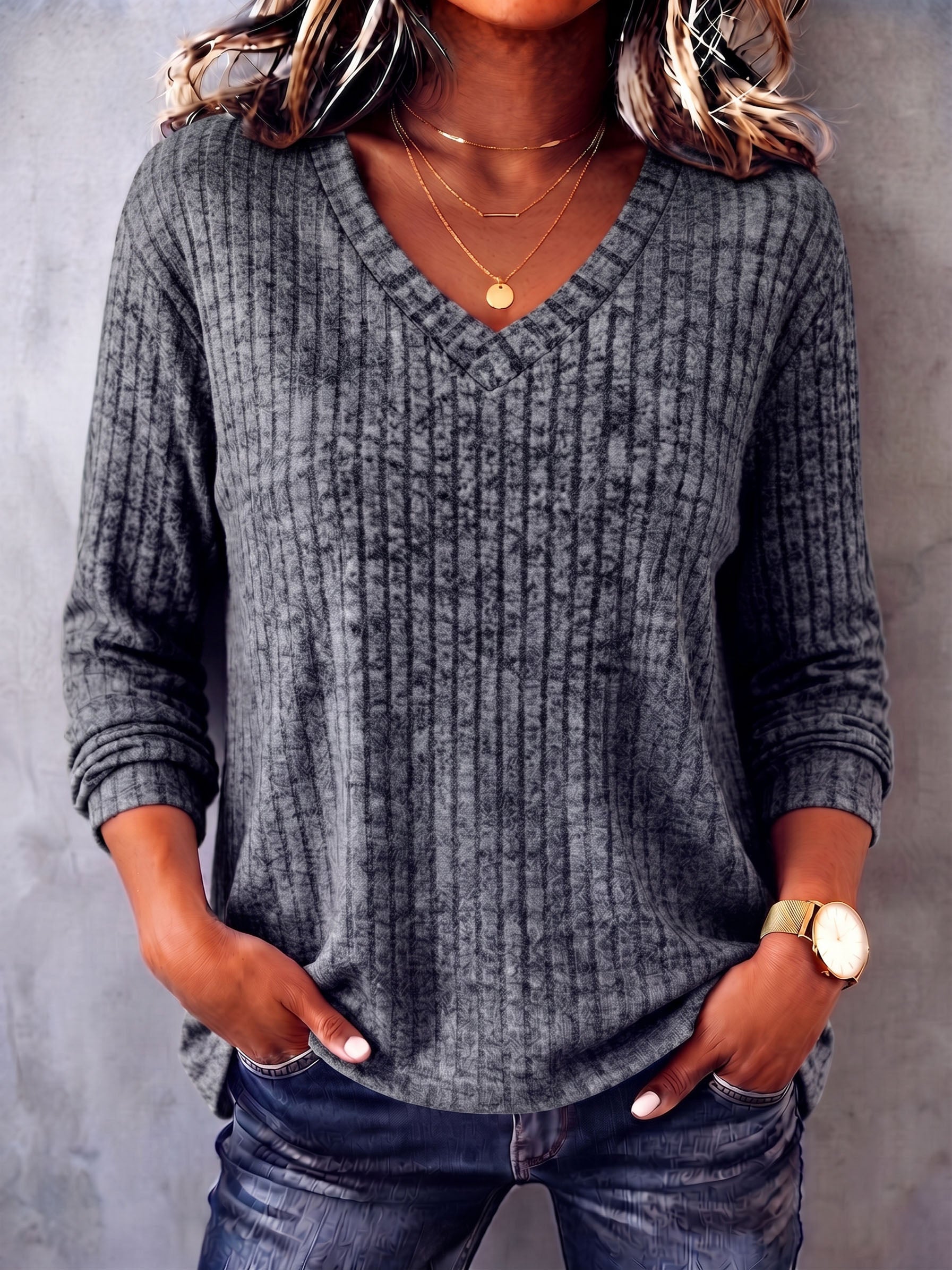 Casual Cozy V-neck Ribbed Knit Top