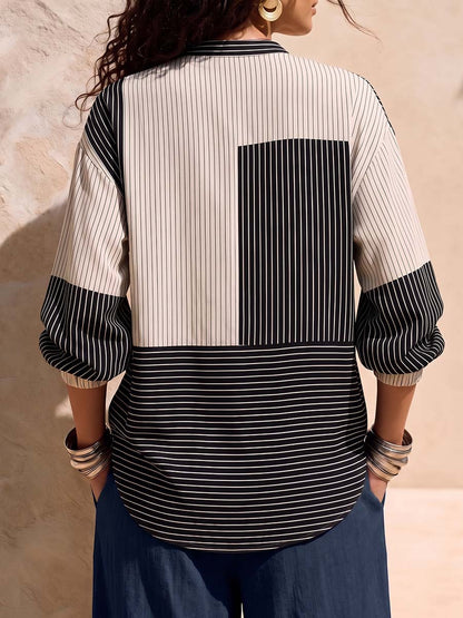 Women's Striped Printed Stand Collar 3/4 Sleeve Casual Loose Cotton Linen Top