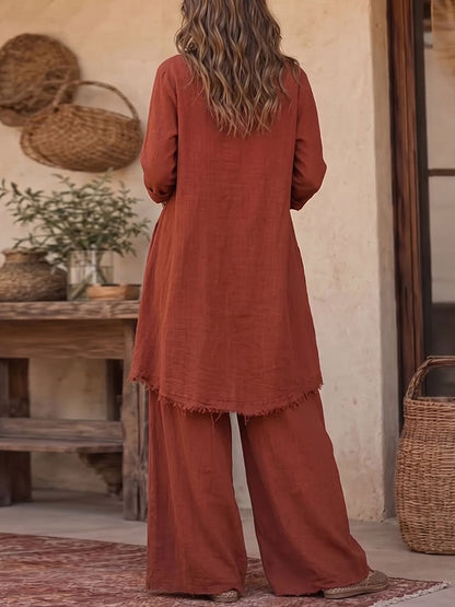Women's Solid Color Round Neck Long Sleeve Casual Loose Cotton Linen Top And High Waist Wide Leg Pants Cotton Linen Set