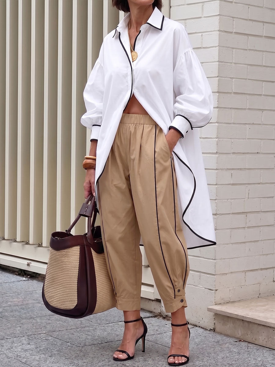 Women's high-waisted casual loose cotton and linen cropped trousers