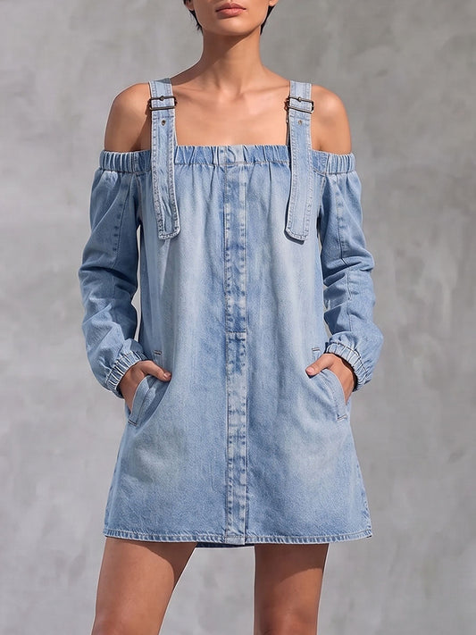Women's Off-shoulder Long-sleeved Denim Mini Dress