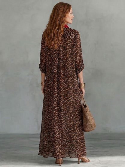 Casual Red-trimmed Leopard Print Cotton Maxi Shirt Dress