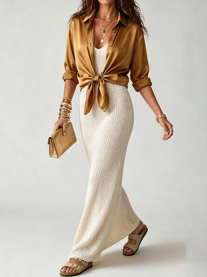 Luxe Satin Shirt & Knit Slip Maxi Dress Two-Piece Set