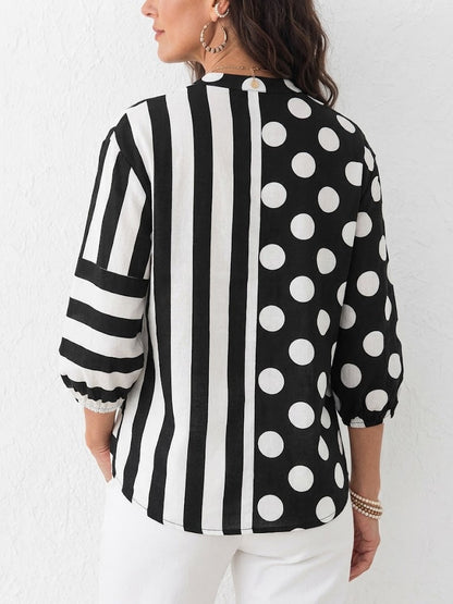 Polka Dot & Stripe Splice Stand Collar 3/4 Lantern Sleeve Linen Blend Top