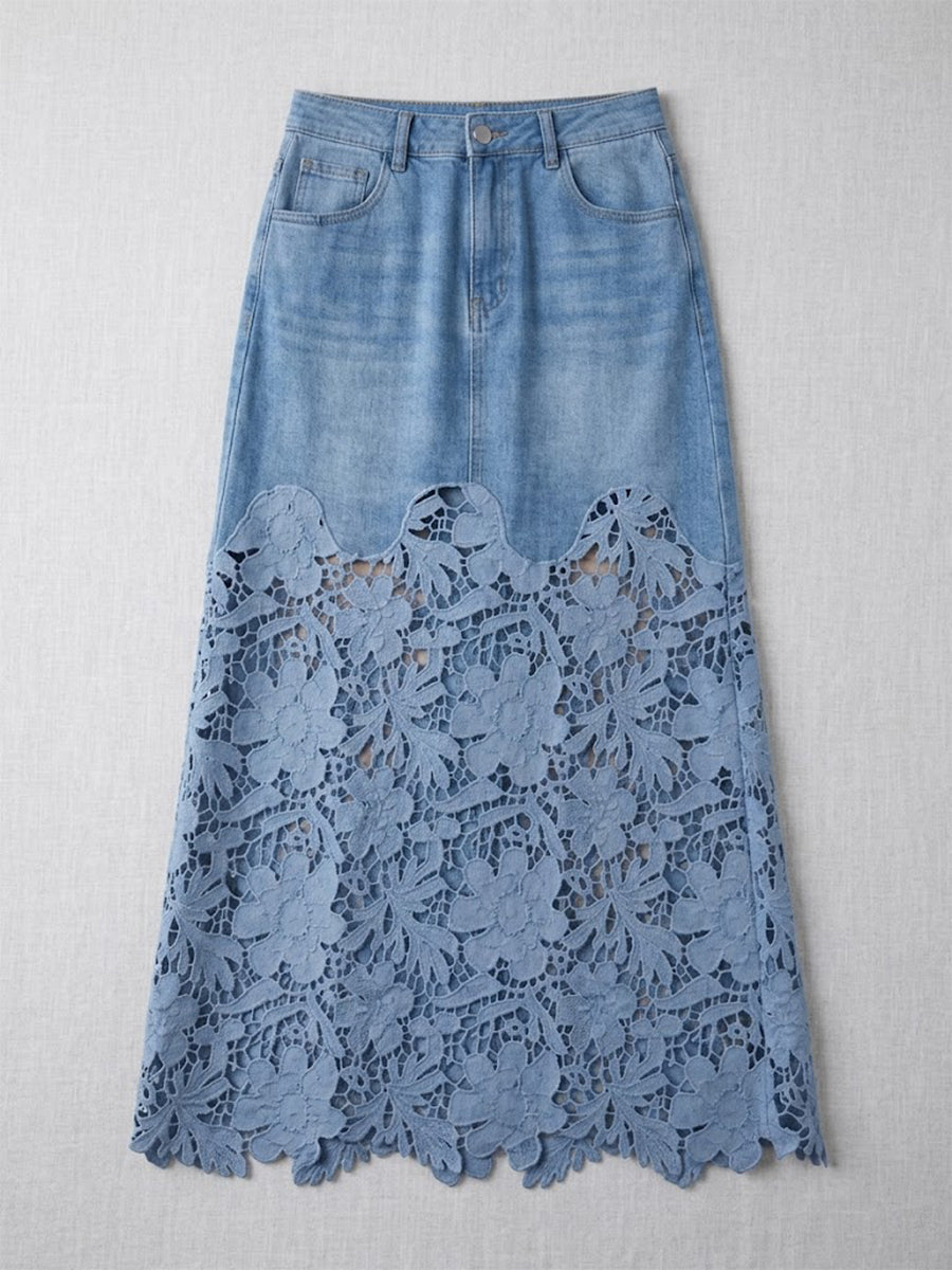 Stylish And Casual Patchwork Lace Denim Skirt