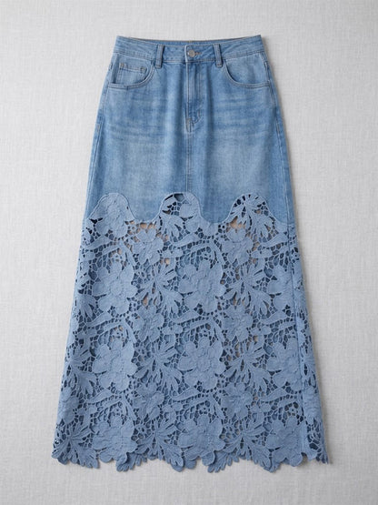 Stylish And Casual Patchwork Lace Denim Skirt