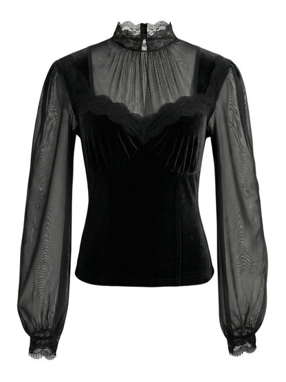 Vintage-style Bohemian Patchwork Lace And Stretch Velvet Top