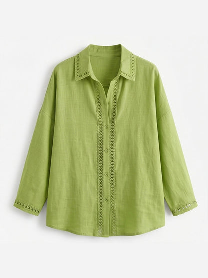 Casual Long-sleeve Linen-cotton Shirt With Spliced cutout Webbing