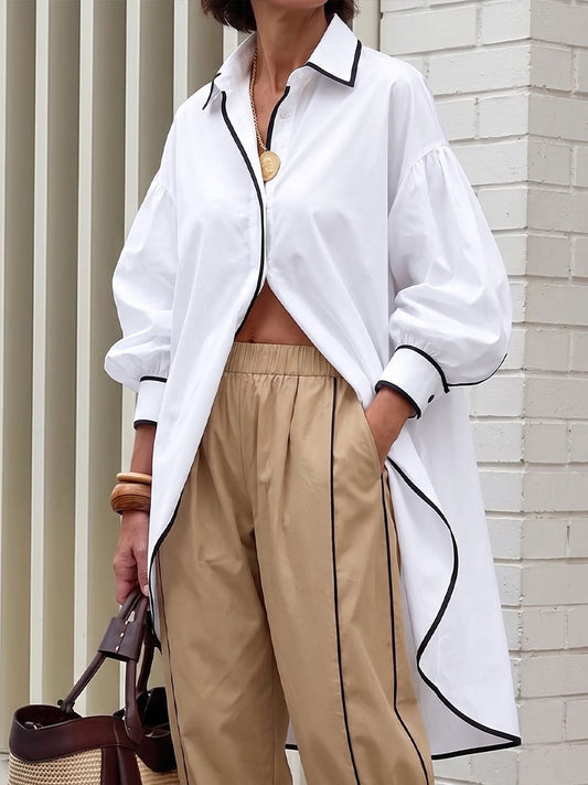 Women's Collared Long-sleeved Casual Loose Cotton Long Shirt