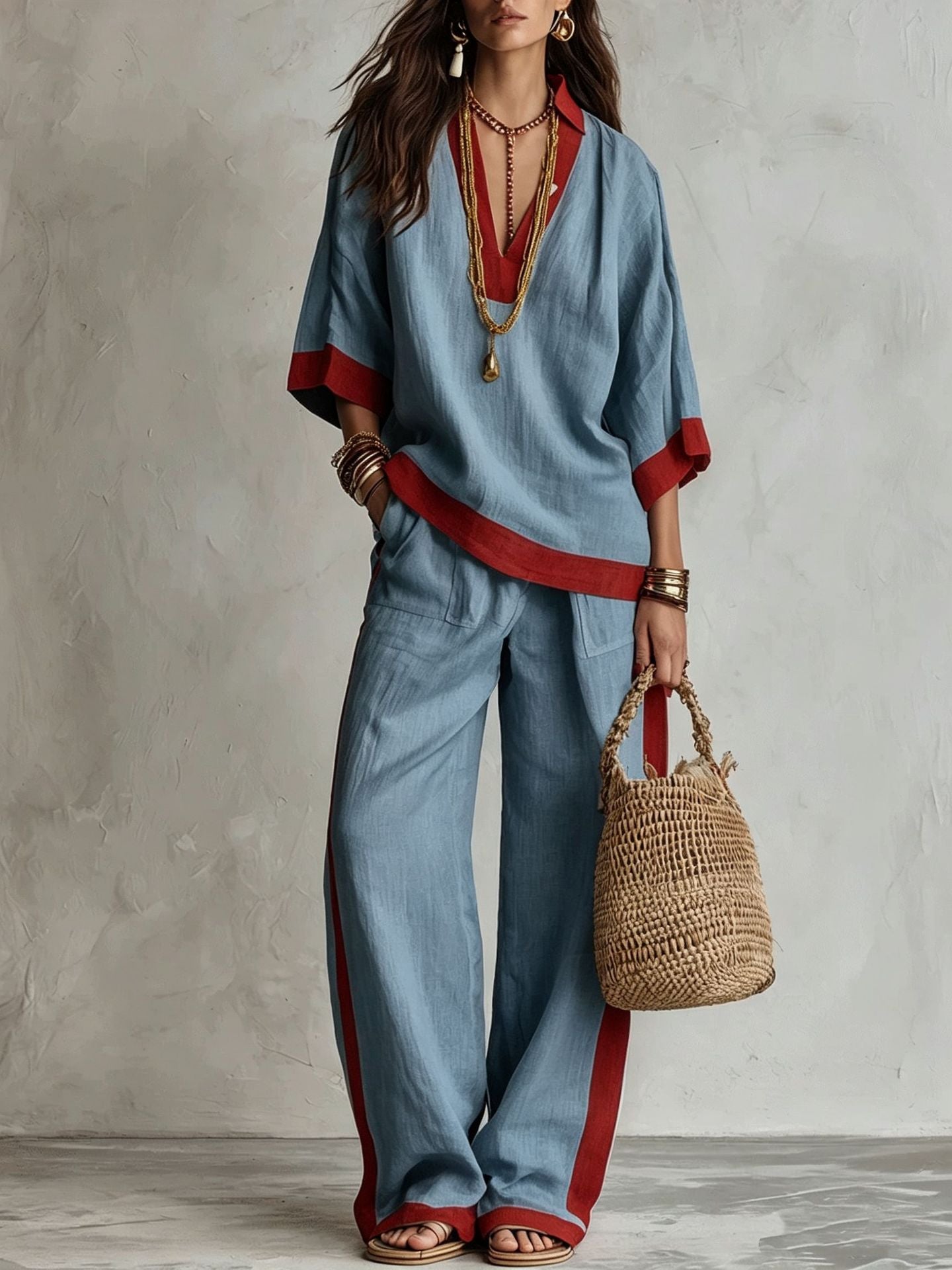 Contrast Trim Linen V-Neck Top & Striped Wide-Leg Pants Two-Piece Set