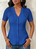 V-neck Vertical Pleat Lace Splice Fitted Short Sleeve Blouse