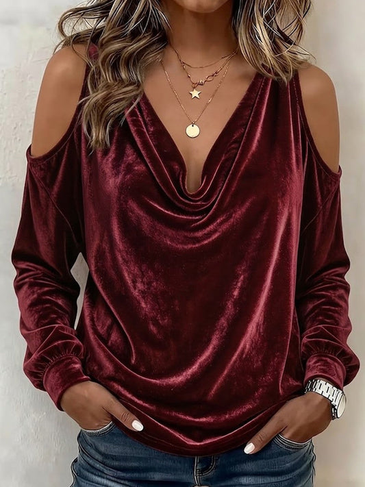 Draped Cowl Neck Cold Shoulder Velvet Lantern Long Sleeve Top