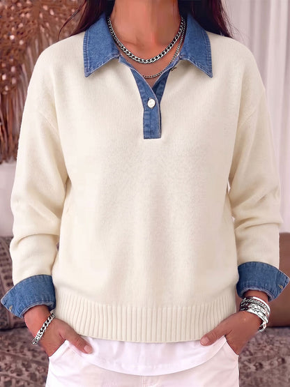 Women's Pullover Collar Long-sleeved Casual Loose Denim Patchwork Knit Top