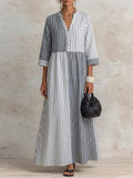 Casual Loose-fit Paneled Striped Cotton-linen Dress