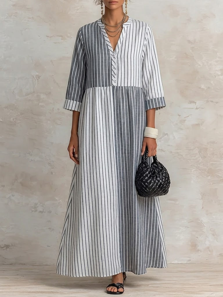 Casual Loose-fit Paneled Striped Cotton-linen Dress